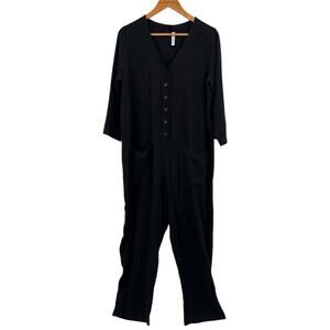 Rachel Palley Black Jumpsuit Linen Blend Relaxed Comfy Casual Fit Pockets Size L